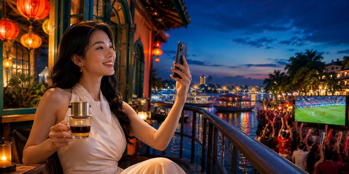 Người dùng Hà Nội xem kèo bóng đá và đặt cược qua điện thoại tại quán cà phê