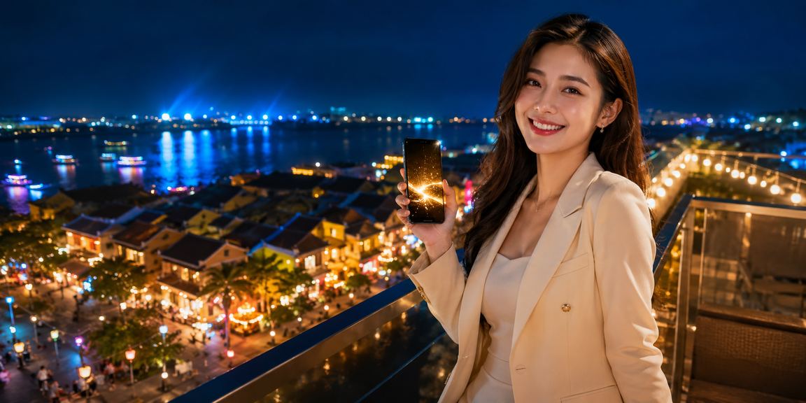 Đêm hội An với đèn lồng rực rỡ, người dùng thực hiện giao dịch tài chính trên điện thoại