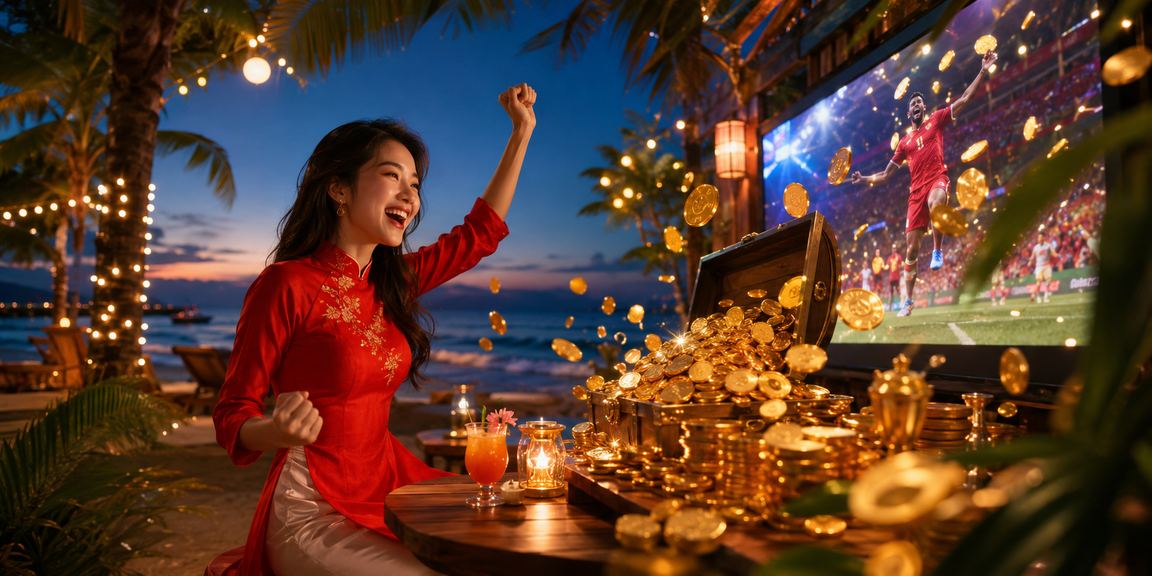 Người dùng tại Phú Quốc trong trang phục áo dài thamgia live casino trên điện thoại tại khu resort ven biển